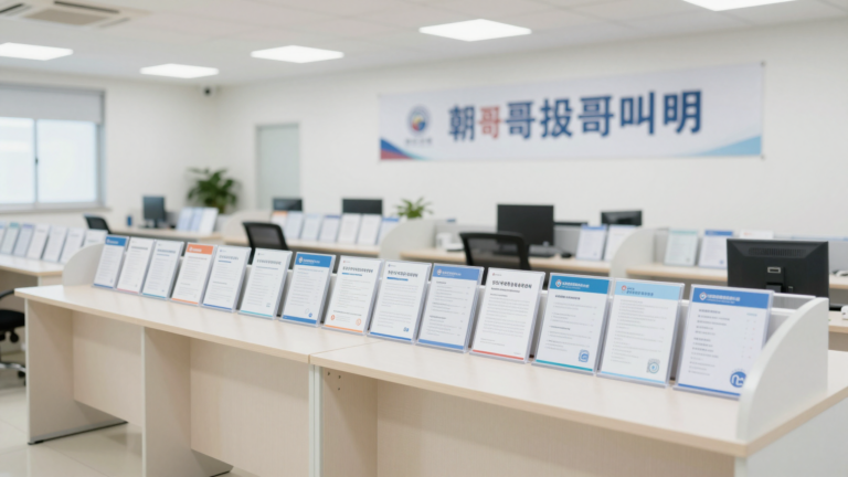 깔끔하게 정리된 고용센터 내부의 취업 지원 안내 공간, 정보 브로셔와 밝은 조명이 비추는 현실적인 장면